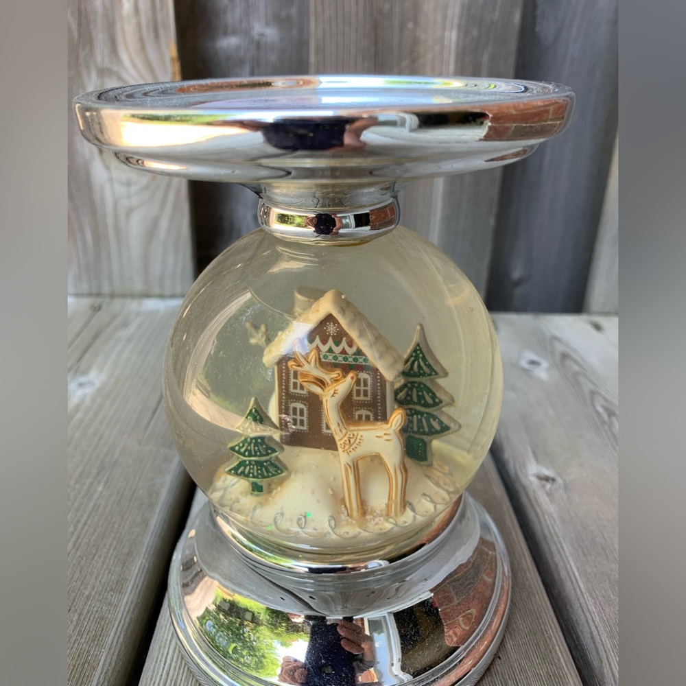 Glass Snow Globe Candle Holder with Cream Deer and Green Trees